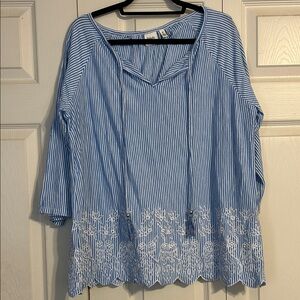 RAFAELLA Weekend Size 2X Striped Blouse Cold Shoulder Embroidered Coastal